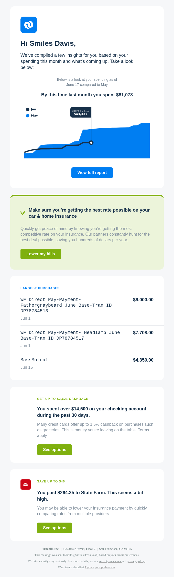 Truebill email example